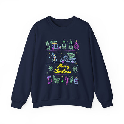 Christmas Crewneck Sweatshirt — Neon Holiday Tree "Merry Christmas" Design