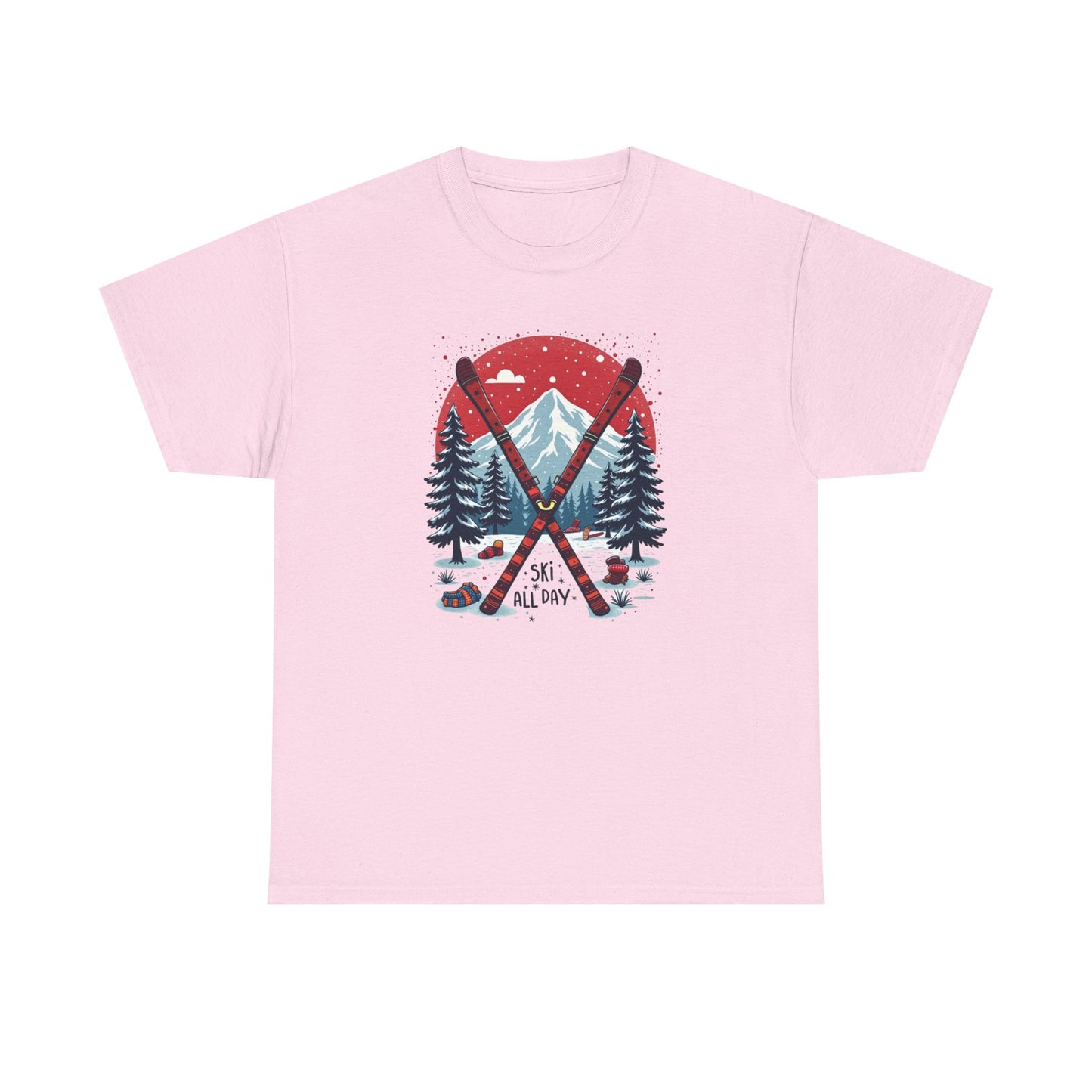 Ski All Day T-Shirt – Vintage Mountain Skis, Trees & Snow Graphic
