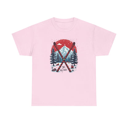 Ski All Day T-Shirt – Vintage Mountain Skis, Trees & Snow Graphic