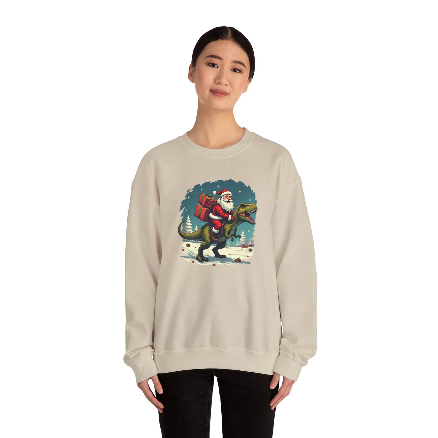 Santa Dashing through on a Dinosaur Sweatshirt — Santa Riding T-Rex Holiday Crewneck