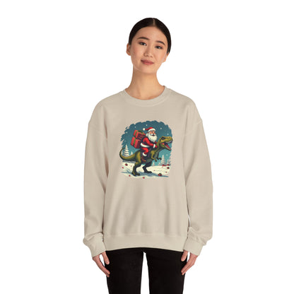 Santa Dashing through on a Dinosaur Sweatshirt — Santa Riding T-Rex Holiday Crewneck