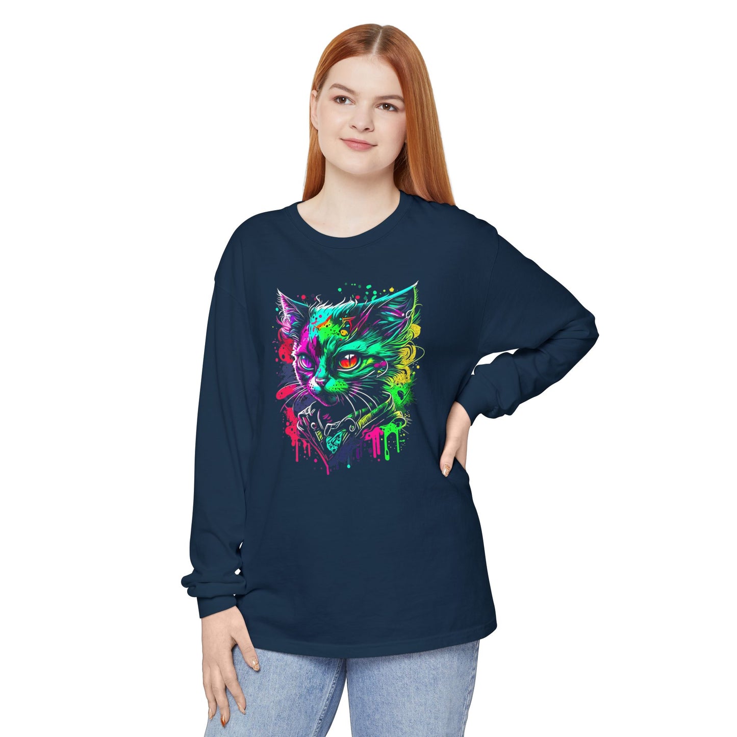 Psychedelic Cat, Unisex Garment-dyed Long Sleeve T-Shirt