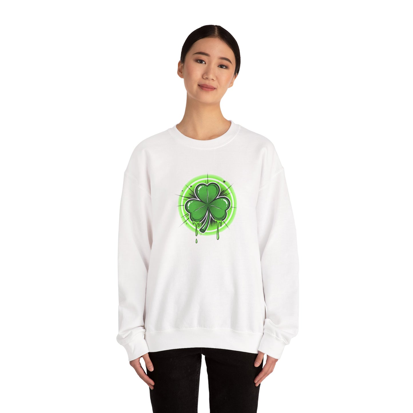 Oozing with Luck, Four-Leaf Clover Crewneck Sweatshirt — Neon Lucky Shamrock St. Patrick’s Day Pullover