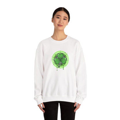 Oozing with Luck, Four-Leaf Clover Crewneck Sweatshirt — Neon Lucky Shamrock St. Patrick’s Day Pullover