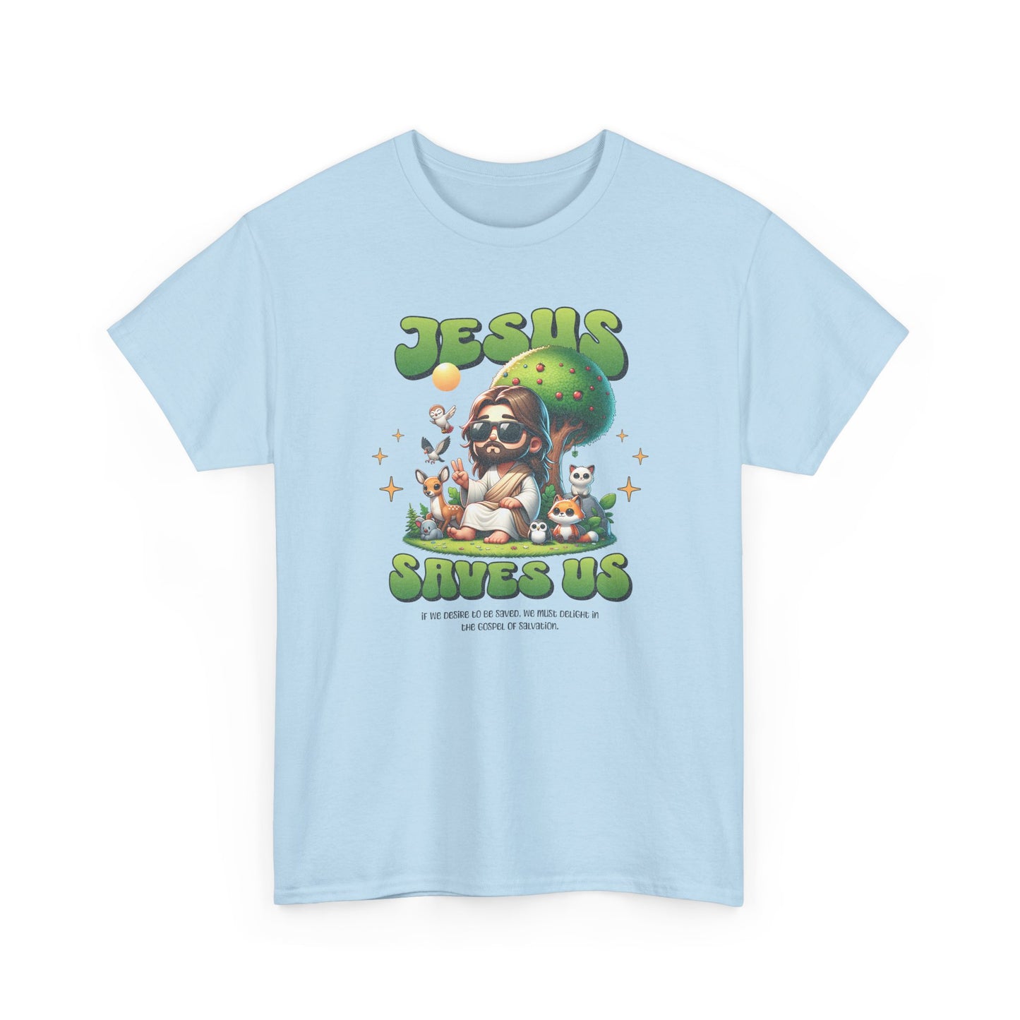 Jesus Saves Us T-Shirt — Cute Retro Jesus with Animals Christian Faith Tee