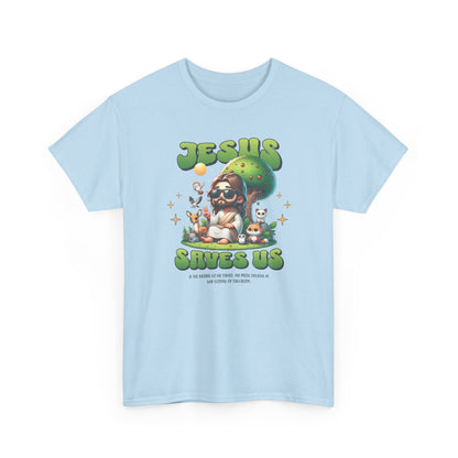 Jesus Saves Us T-Shirt — Cute Retro Jesus with Animals Christian Faith Tee