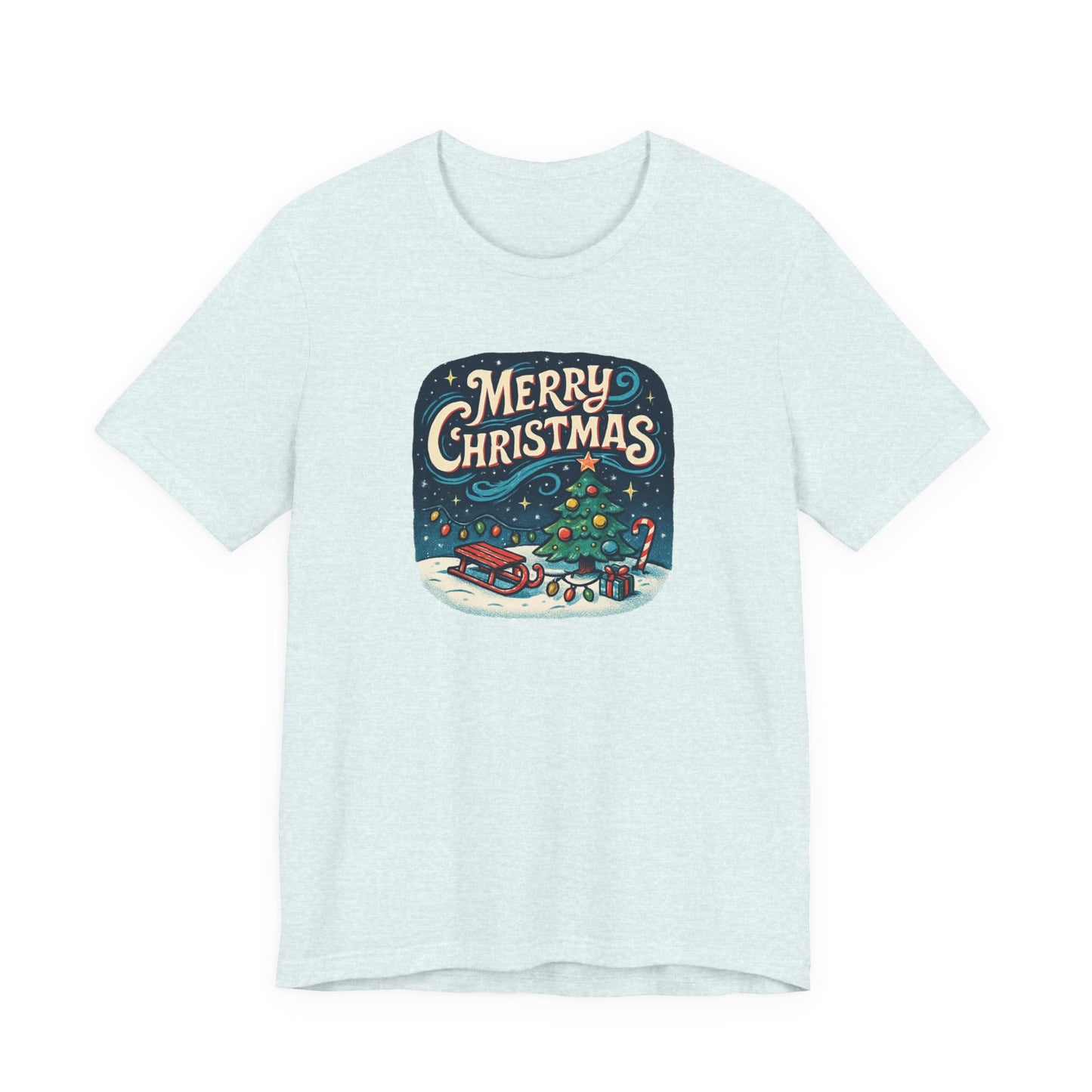 Merry Christmas Tee — Vintage Holiday Tree & Sled Graphic T-Shirt