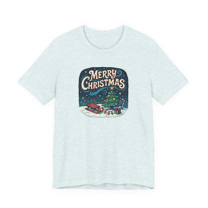 Merry Christmas Tee — Vintage Holiday Tree & Sled Graphic T-Shirt