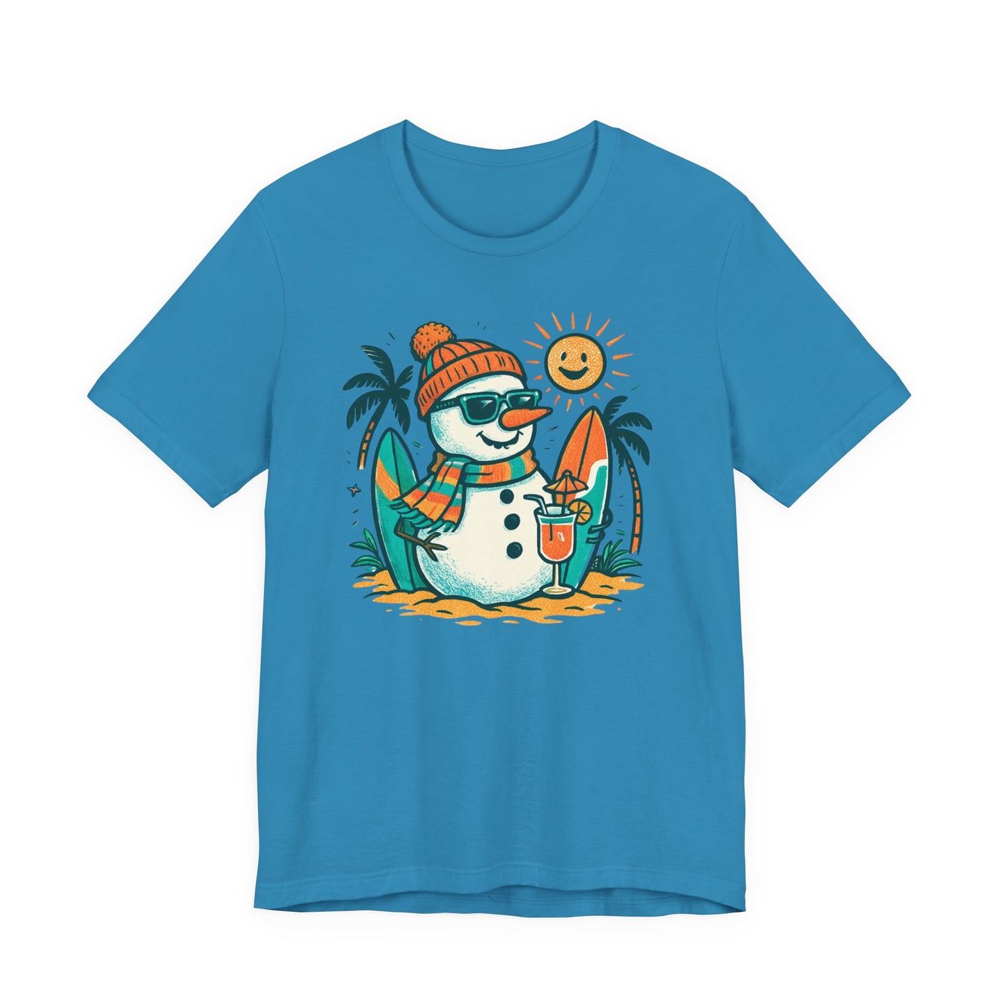 Frosty on Vacation Graphic Tee — Surfing Snowman with Drink Summer Holiday T-Shirt