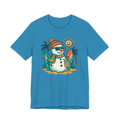 Frosty on Vacation Graphic Tee — Surfing Snowman with Drink Summer Holiday T-Shirt