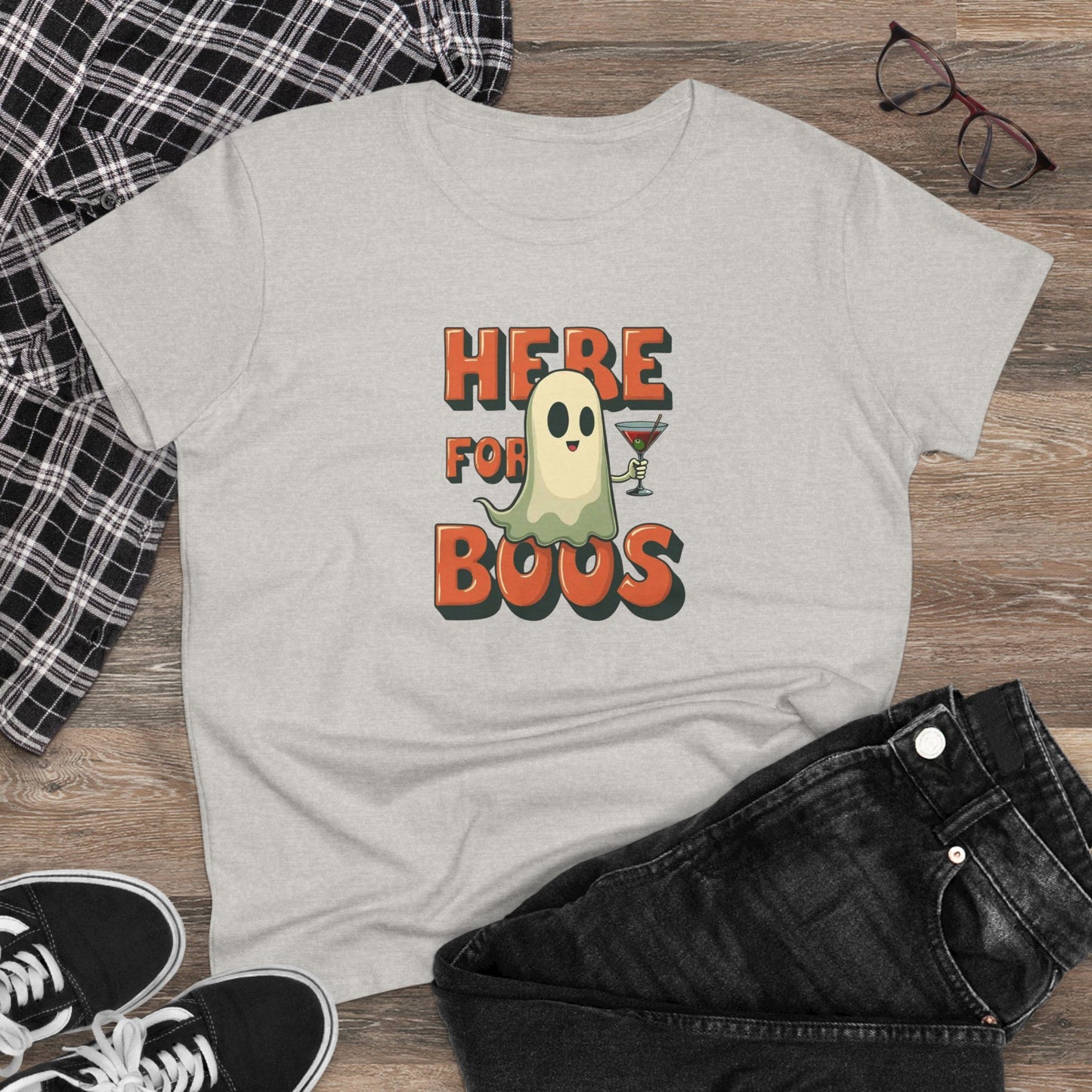 Here for Boos Halloween Ghost Tee — Funny Women’s Halloween T-Shirt with Cocktail Ghost