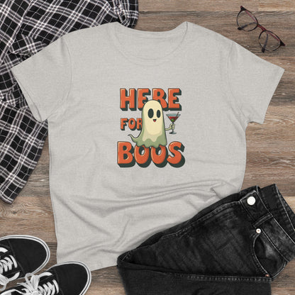 Here for Boos Halloween Ghost Tee — Funny Women’s Halloween T-Shirt with Cocktail Ghost