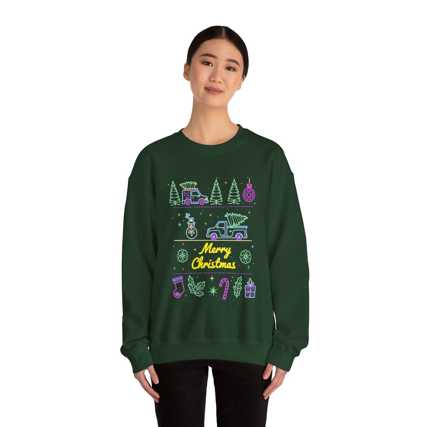 Christmas Crewneck Sweatshirt — Neon Holiday Tree "Merry Christmas" Design