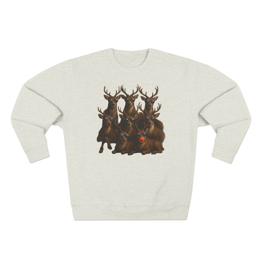 Cozy Reindeer Family Photo, Crewneck Sweatshirt — Rustic Holiday Wildlife Design