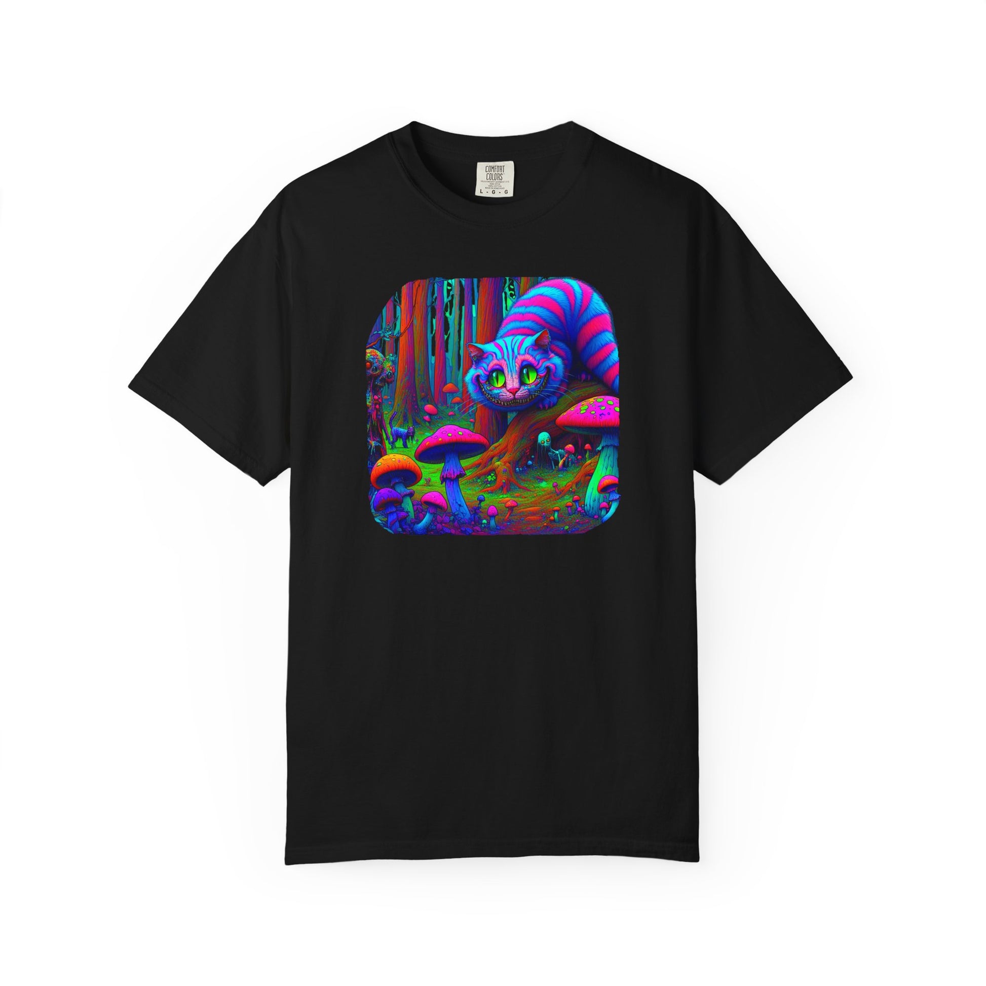 Curious Cat with mushrooms, Unisex Garment-Dyed T-shirt - Psychonaut Swag