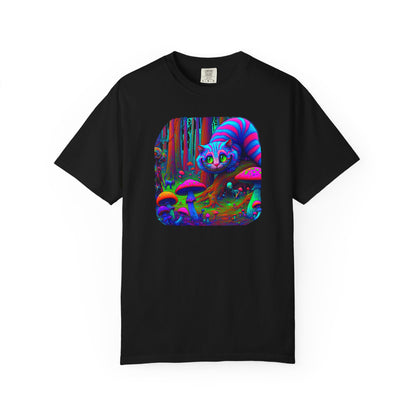Curious Cat with mushrooms, Unisex Garment-Dyed T-shirt - Psychonaut Swag