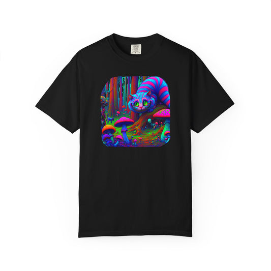 Curious Cat with mushrooms, Unisex Garment-Dyed T-shirt - Psychonaut Swag