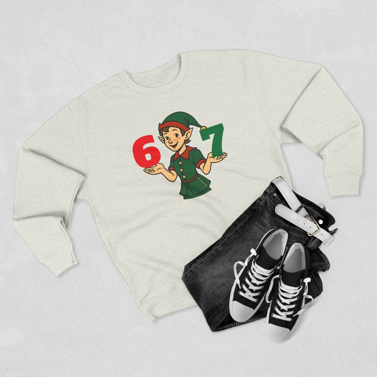 Elf Juggler six-seven  — Cute Holiday Elf Holding 6 & 7 Christmas Crewneck