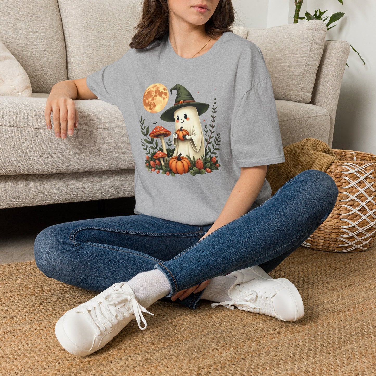 Ghost Witch T‑Shirt — Cute Halloween Moon, Pumpkin & Mushroom Design