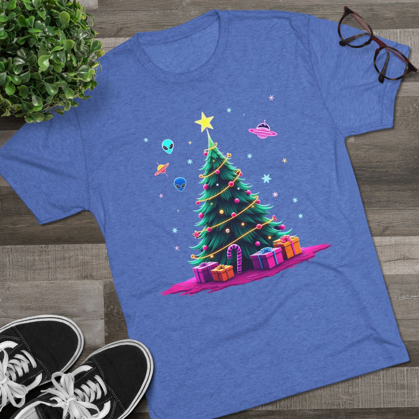 Alien visitors Christmas tree, Unisex Tri-Blend Crew Tee
