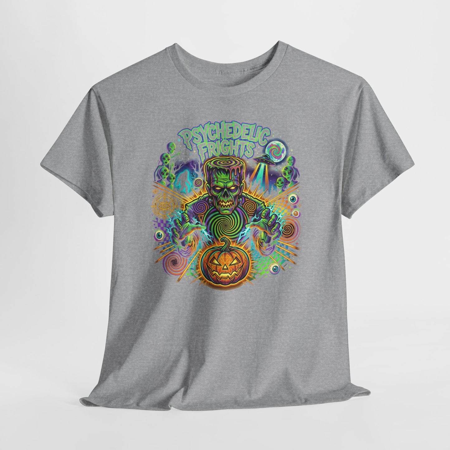 Psychedelic Monsters Halloween Tee — Spooky Pumpkin and Sasquatch Horror Graphic T-Shirt