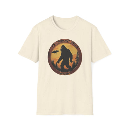 Bigfoot and UFO, Unisex Softstyle T-Shirt, Trendy Graphic Tee, Funny Bigfoot Shirt, Adventure Apparel, Gift for Nature Lovers