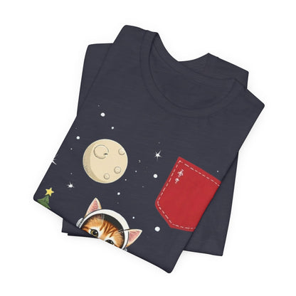Christmas Cat Faux Pocket — Cute Holiday Cat Holding Gift Night Sky T-Shirt