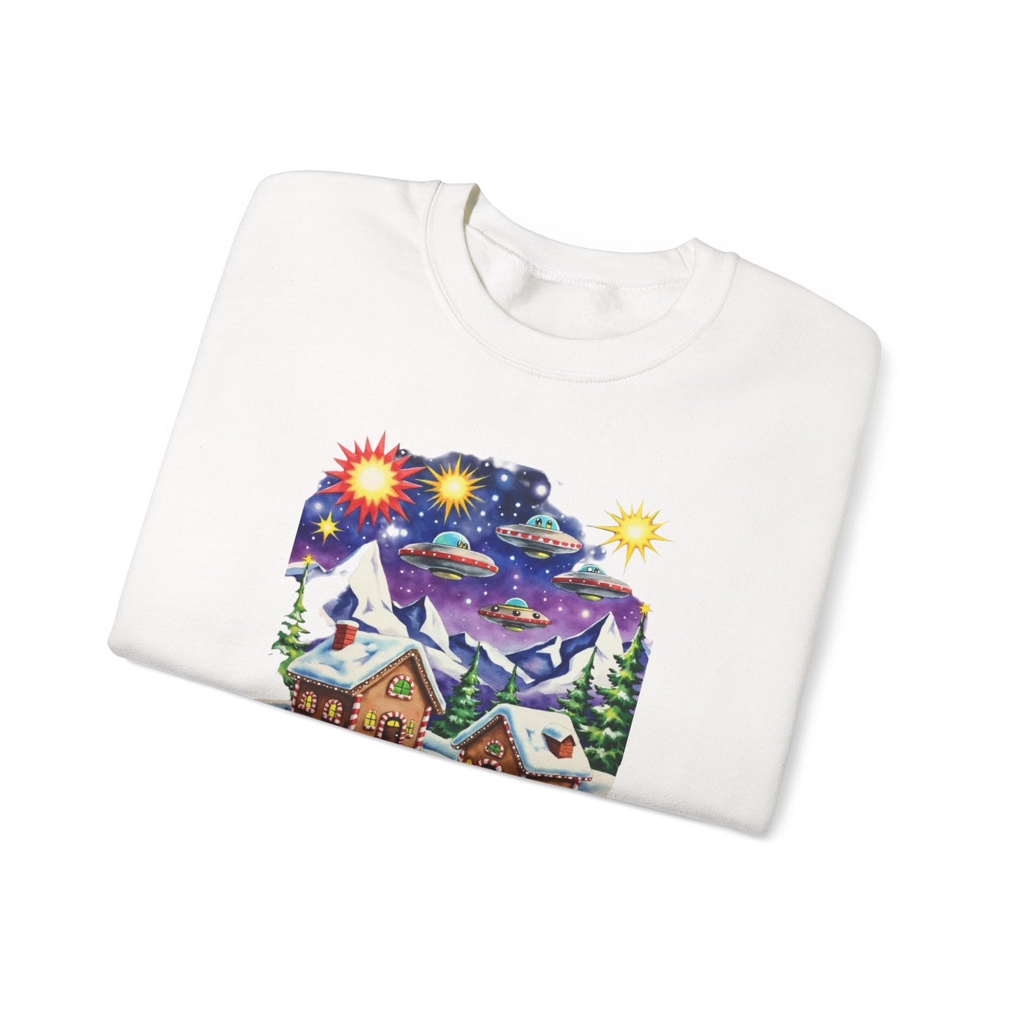 Crewneck Sweatshirt — Cozy Winter Cabin with UFO Nightscape