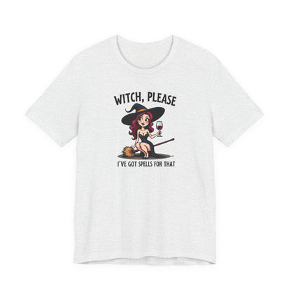 Witch, Please Tee — Cute Pinup Witch Graphic T‑Shirt ("I’ve Got Spells For That")