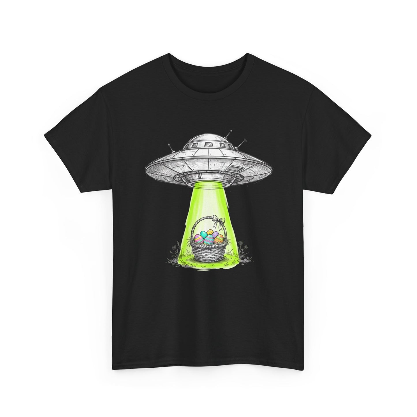 Easter UFO Abduction T-Shirt — Alien Spaceship Beaming Up Easter Basket