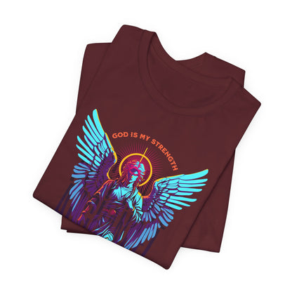 St. Gabriel Angel Tee — "God Is My Strength" Neon Graphic T-Shirt