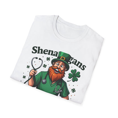 St. Patrick's Day T-Shirt — "Shenanigans Shift Survivor" Leprechaun Work Tee