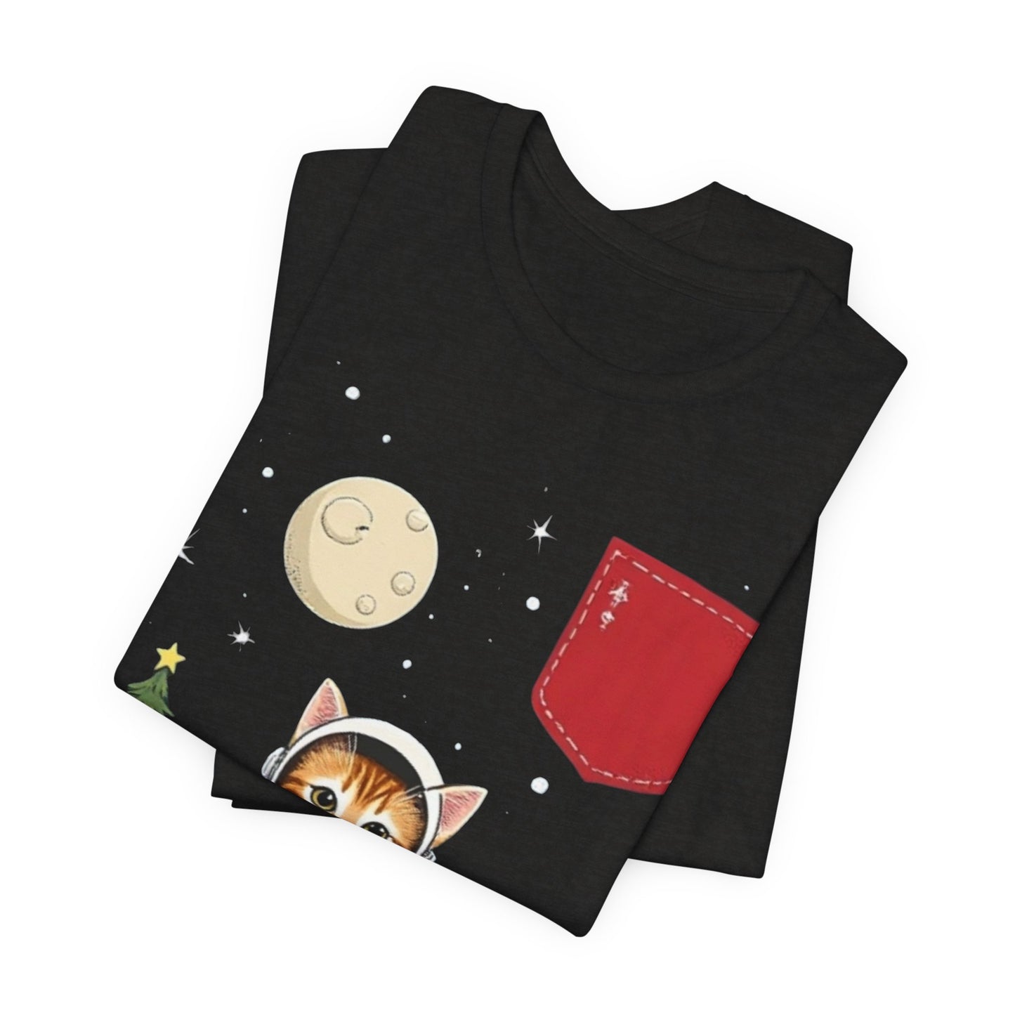 Christmas Cat Faux Pocket — Cute Holiday Cat Holding Gift Night Sky T-Shirt