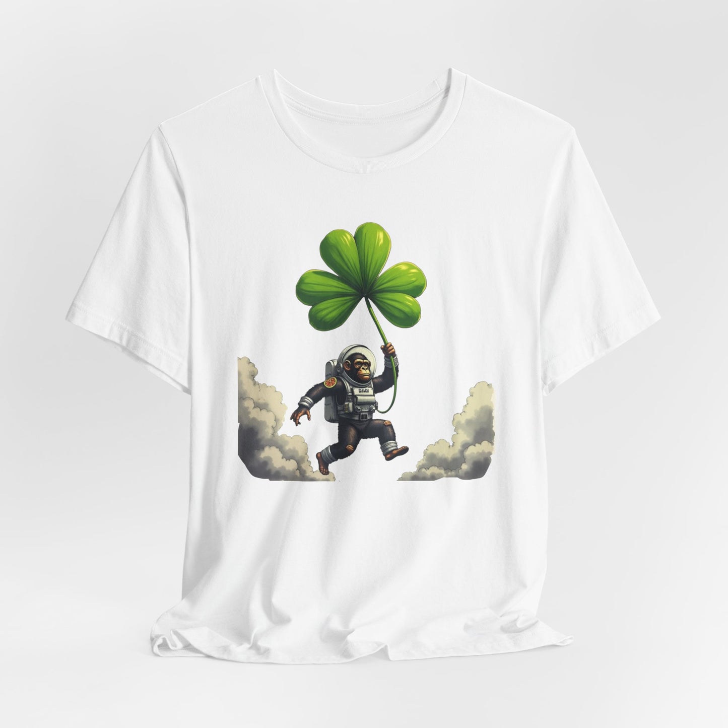 Astronaut Chimp T-Shirt — Floating in Clouds with Shamrock