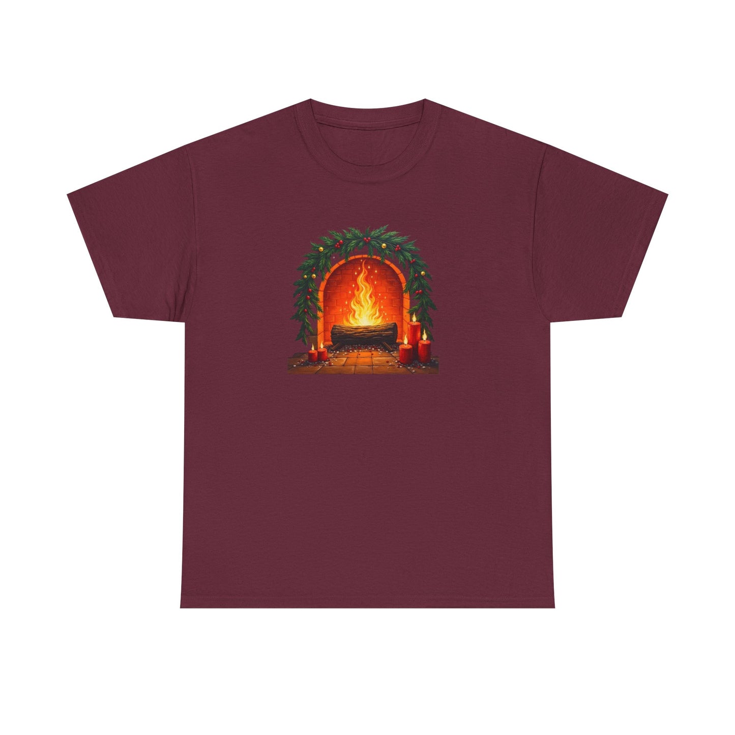 Cozy Holiday Fireplace T-Shirt — Vintage Log Fire Christmas Tee