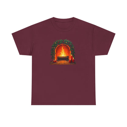 Cozy Holiday Fireplace T-Shirt — Vintage Log Fire Christmas Tee