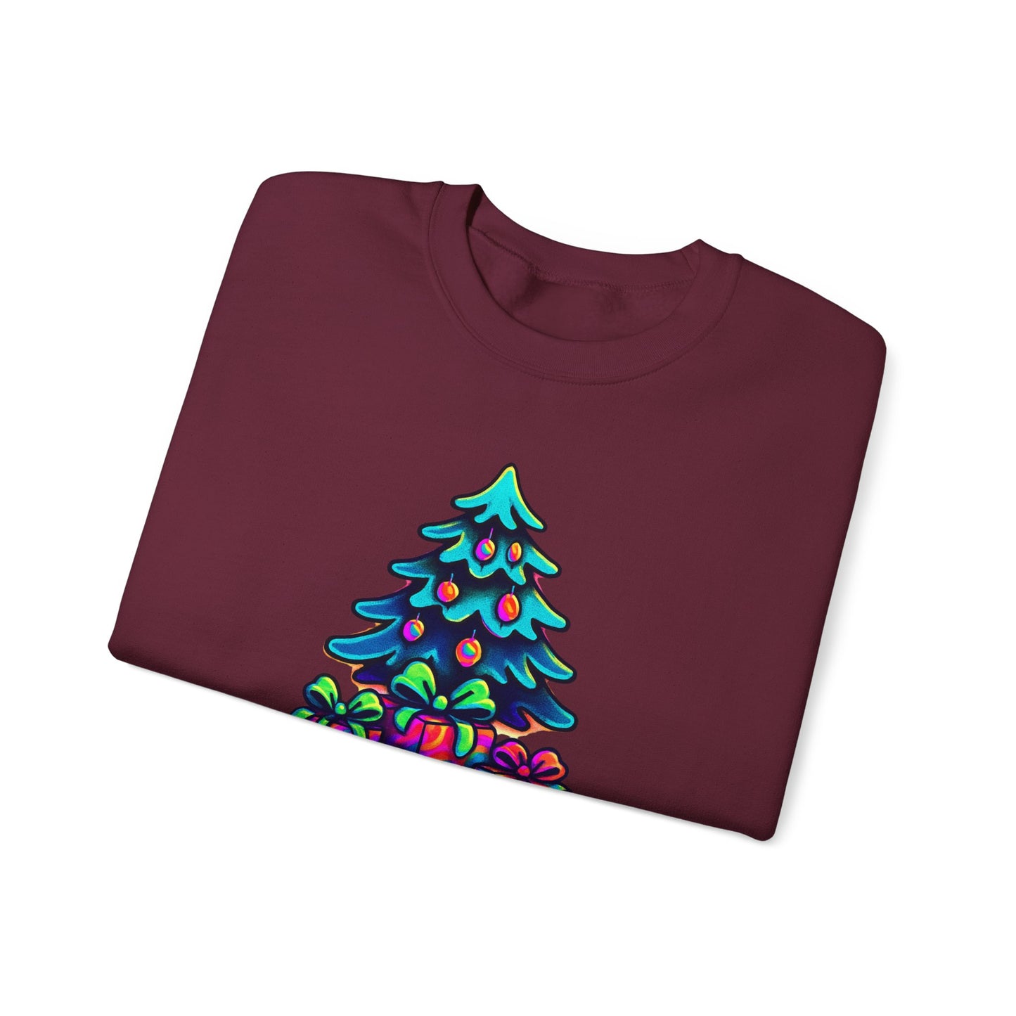 Psychedelic Christmas Tree Sweatshirt — Colorful Holiday Tree with Gifts Crewneck