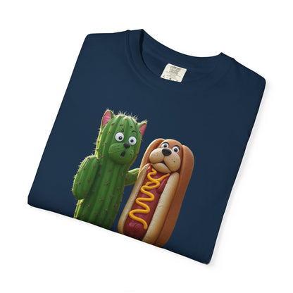Friends Cactus and Hot Dog, Cartoon T-Shirt, Cute Tee for Kids and Adults, Humorous Gift for Food Lovers, Summer Casual Wear, Birthday Gift