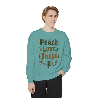 Peace Love Trees Sweatshirt — Eco Holiday Tree Graphic Sweatshirt