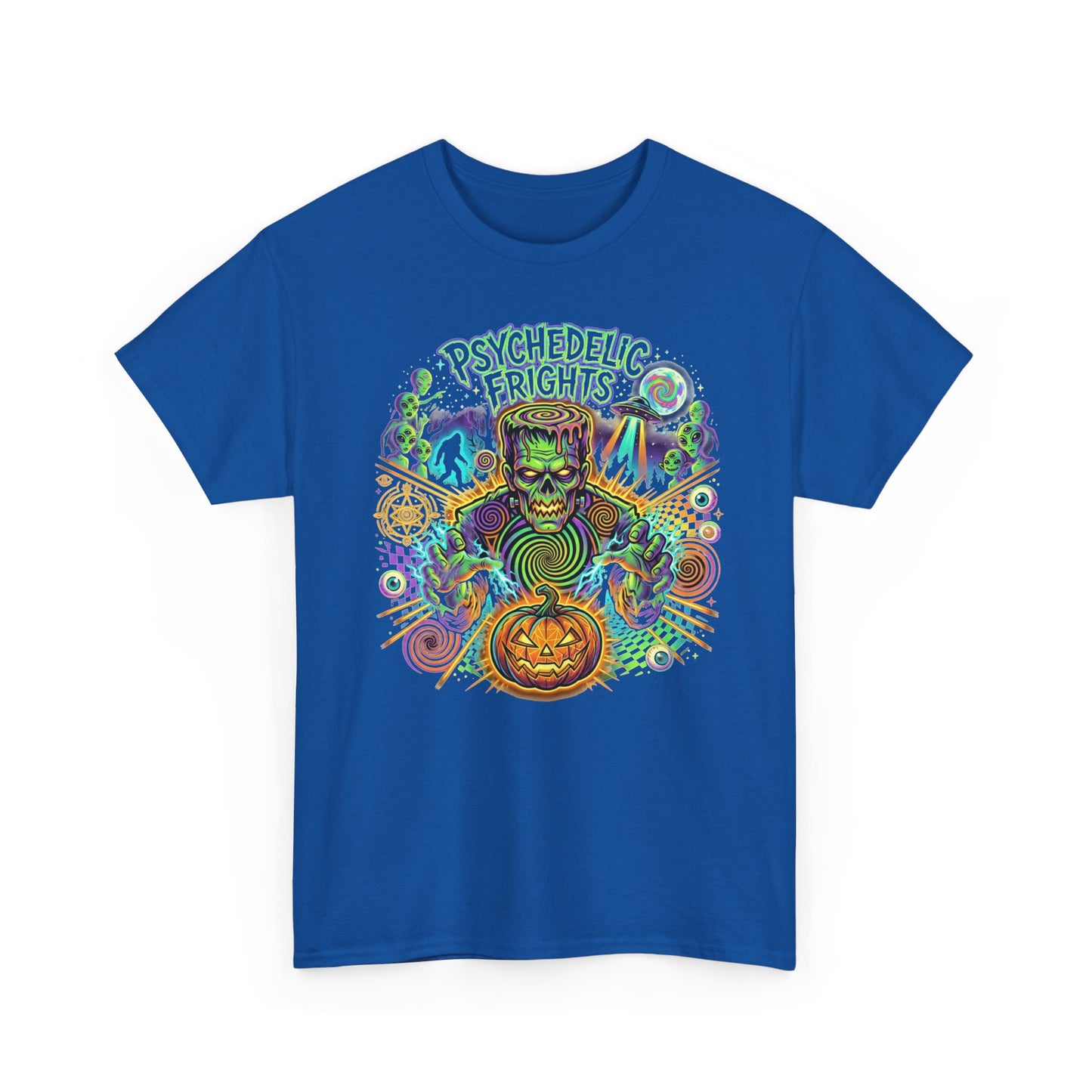 Psychedelic Monsters Halloween Tee — Spooky Pumpkin and Sasquatch Horror Graphic T-Shirt