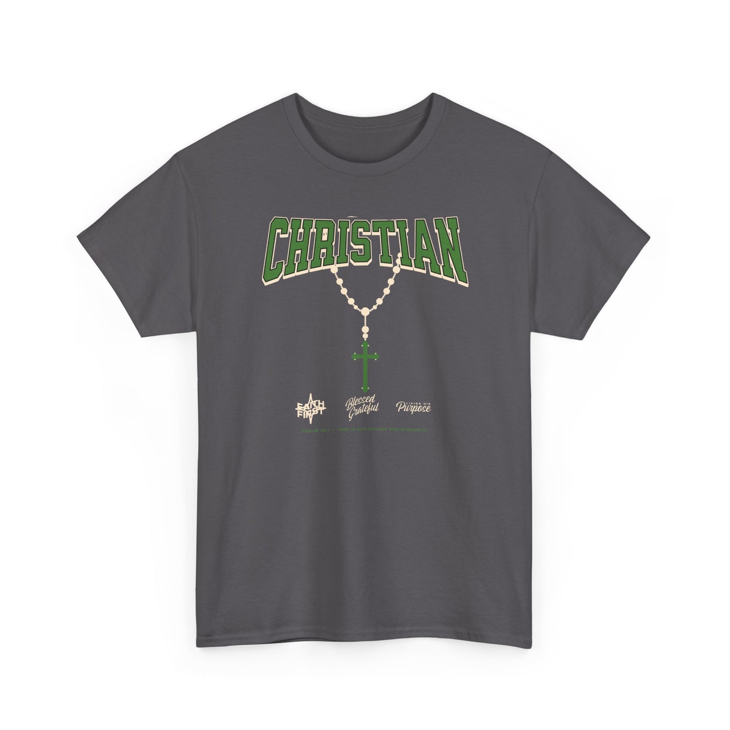 Christian Graphic Tee — Green Rosary Cross Shirt