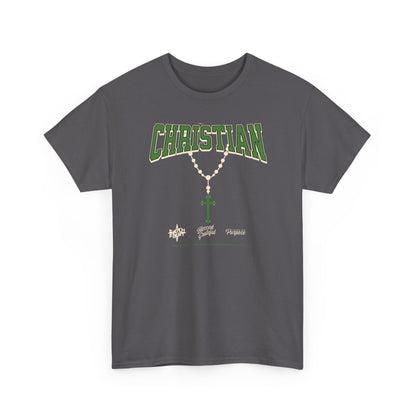 Christian Graphic Tee — Green Rosary Cross Shirt