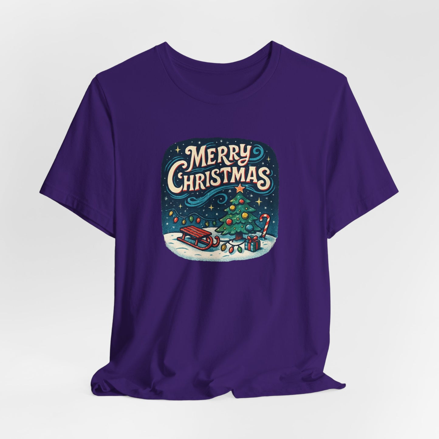 Merry Christmas Tee — Vintage Holiday Tree & Sled Graphic T-Shirt