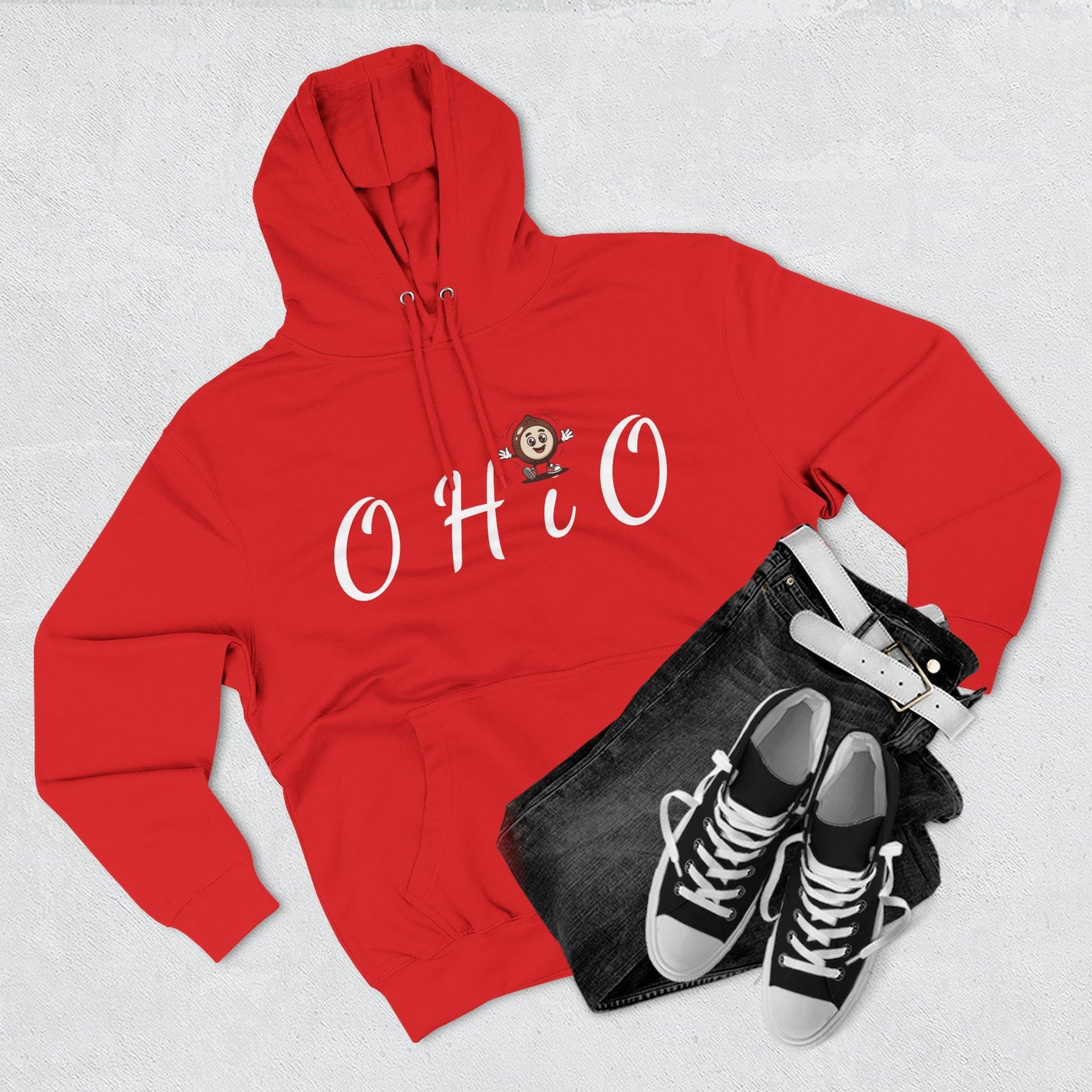 Ohio Script Hoodie with Cute Buckeye Mascot