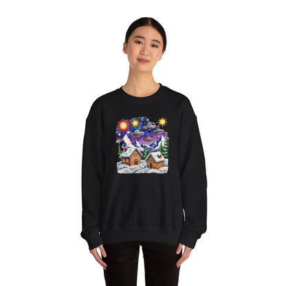 Crewneck Sweatshirt — Cozy Winter Cabin with UFO Nightscape