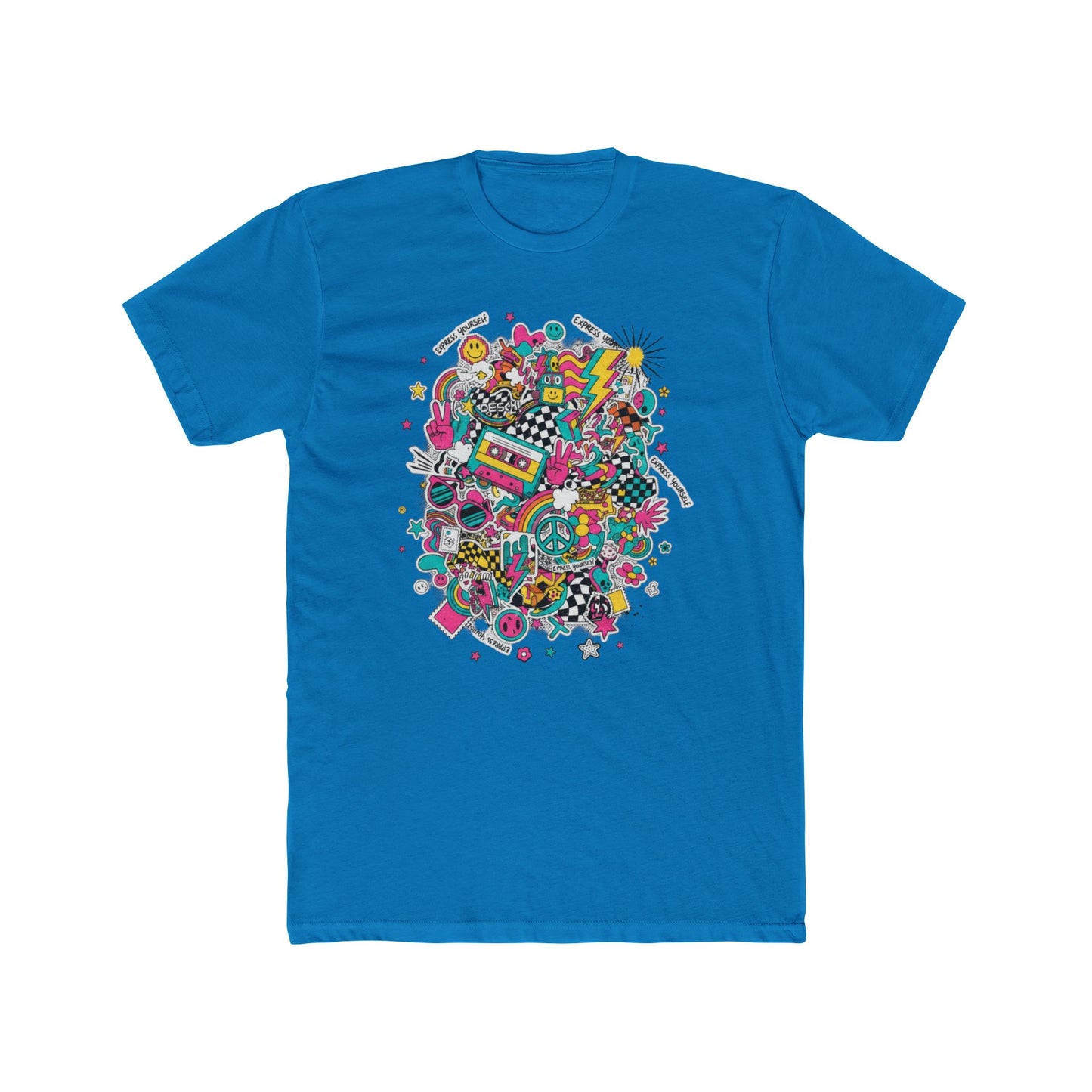 Retro 80’s Doodle Tee — Colorful Nostalgic Cassette & Arcade Graphic T-Shirt