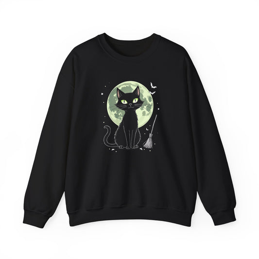 Black Cat Moon Crewneck Sweatshirt — Cute Witchy Cat Graphic