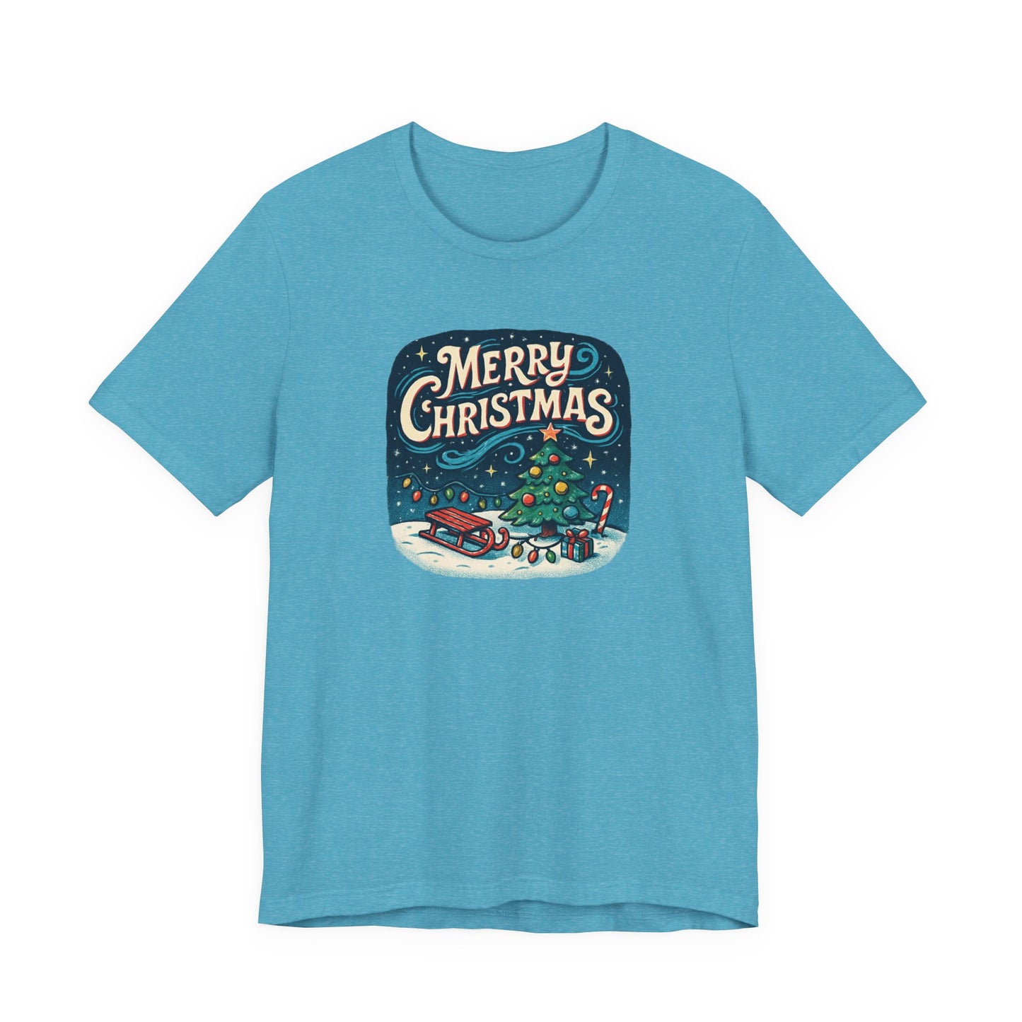 Merry Christmas Tee — Vintage Holiday Tree & Sled Graphic T-Shirt