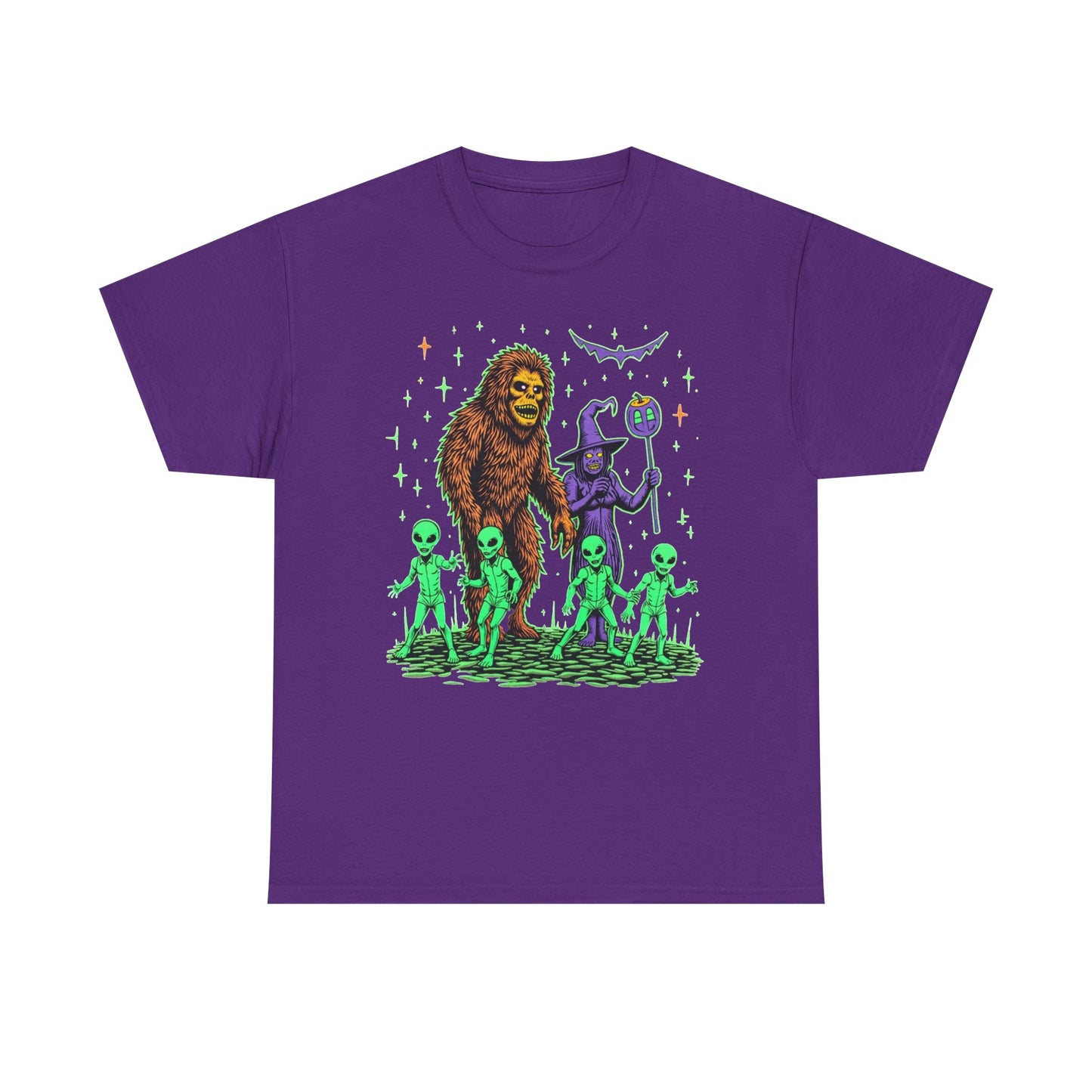Bigfoot & Aliens Halloween Graphic Tee — Retro Neon Sci‑Fi Cryptid Shirt