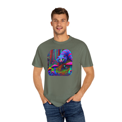 Curious Cat with mushrooms, Unisex Garment-Dyed T-shirt - Psychonaut Swag